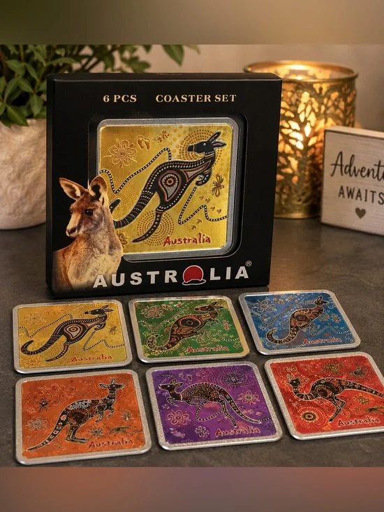 New Australia Kangaroo Foil Coaster Set| 6-Piece Square Souvenir Drink Coasters