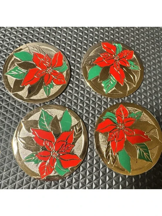 Vtg Christmas Decor 4 Brass & Enamel Coasters Poinsettia Holiday EUC Felt Back