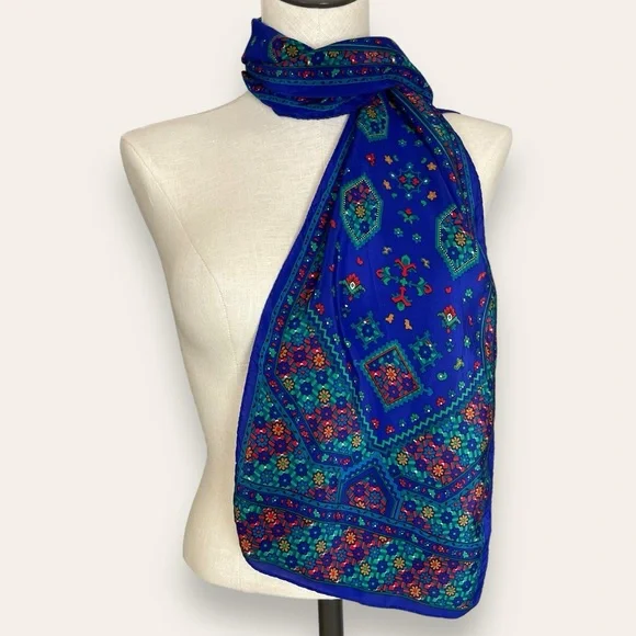 Vintage Blue Scarf Floral Geometric‎ Pattern Long Rectangular Unique Retro Fun