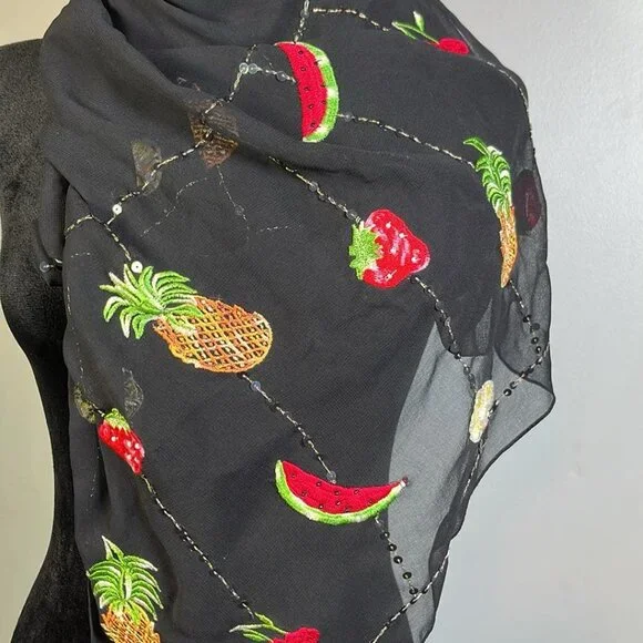 Black Sheer Scarf with Fruit Embroidered Embellishments Whimsy Fairy Vacation Fa