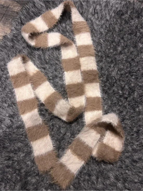 PrettyLittleThing Beige and Cream Fuzzy Stripe Scarf