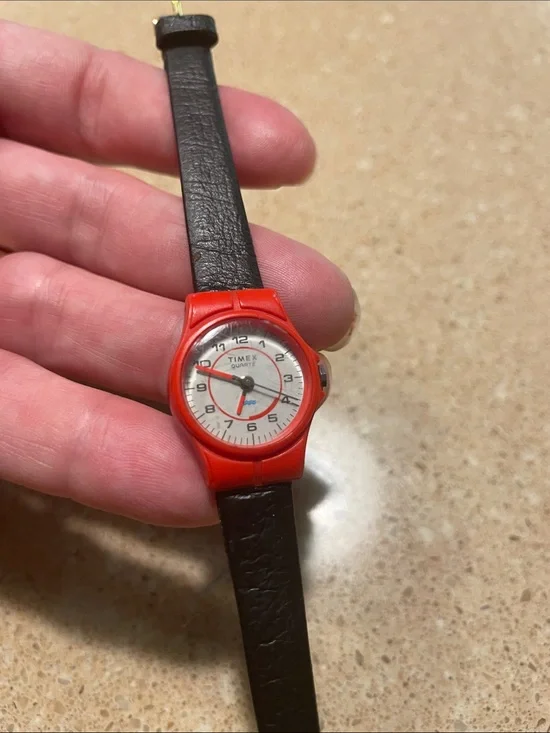 Timex Red Case Watch with Black Leather Strap