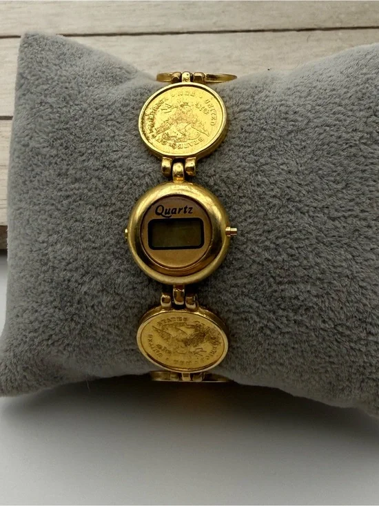 Gold Tone Coin-Link Quartz Digital Bracelet Watch