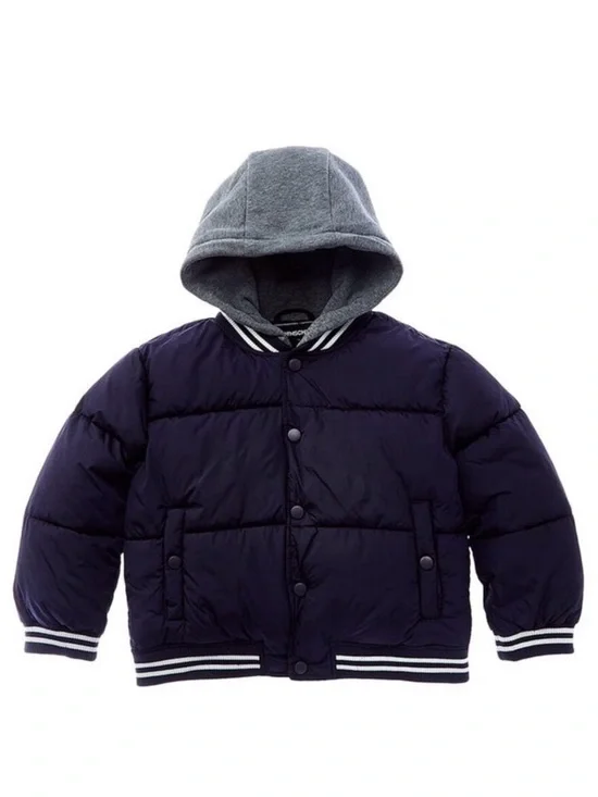 Rothschild Kids varsity puffer jacket features a navy blue puffer body 4T