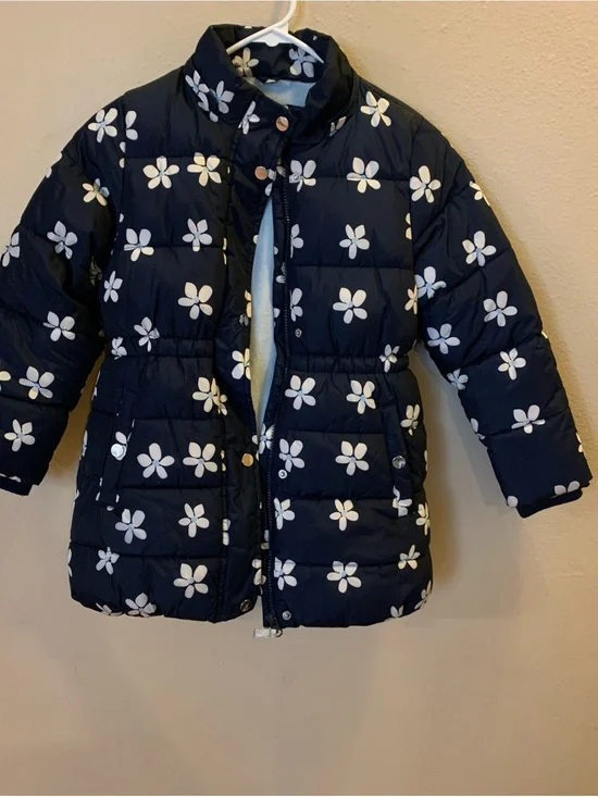 Girls' Navy Floral Puffer Coat - White Flower Print