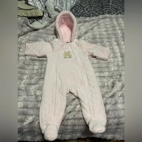 Little Me Blush Pink Bear Quilted Hooded Double Zip Footed Insulated Pram 6-9m