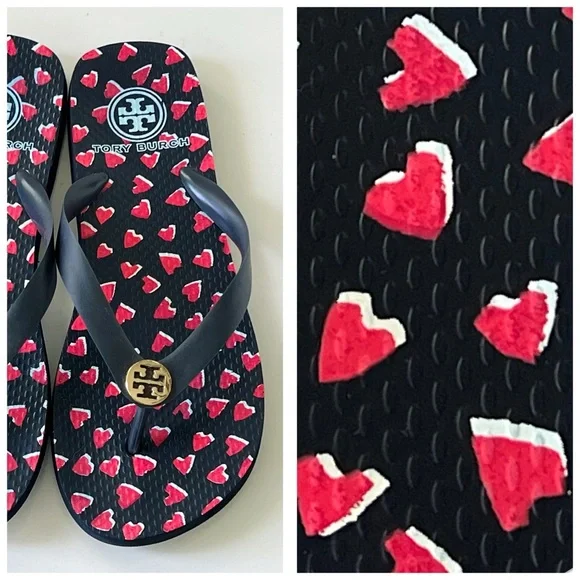 Tory Burch Black with Red Hearts Flip Flop Thong Sweetheart Sandals