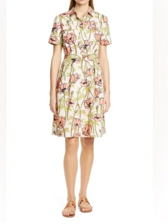 Tory Burch Cream Floral Shirt Dress with Pink and Green Accents Size 2