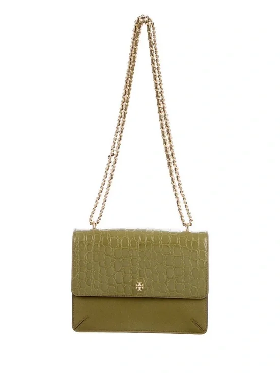 Tory Burch Olive Croc-Embossed Shoulder Bag with Gold Chain
