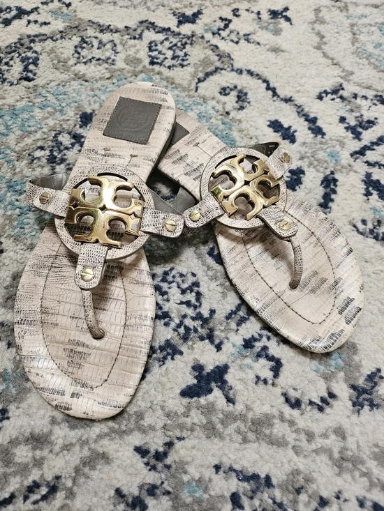 Tory Burch Beige Snake-Print Thong Sandals with Gold Logo