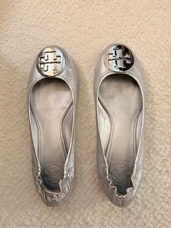 Tory Burch Metallic Silver Logo Ballet Flats