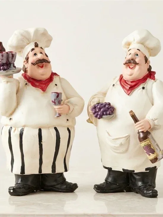 Set of 2 Vintage Style Chef Figurines Wine & Grapes Kitchen Bistro Decor Resin⁠