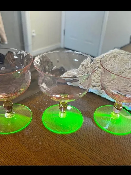 Set of 3 Vintage Tiffin Watermelon Uranium Stem Glasses