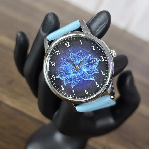 Polish Blue Lotus Watch‎ – Genuine Leather Band – 1.5