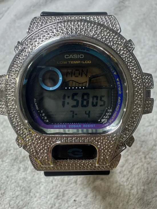 Casio Digital Watch with Silver Pavé Bezel and Black Strap
