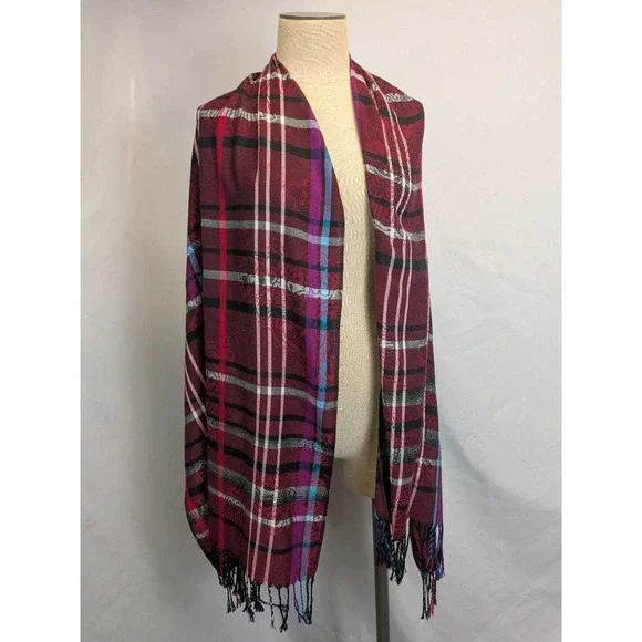 Burgundy Plaid Paisley Scarf‎ Wrap Shawl - Warm Fashion Accessory