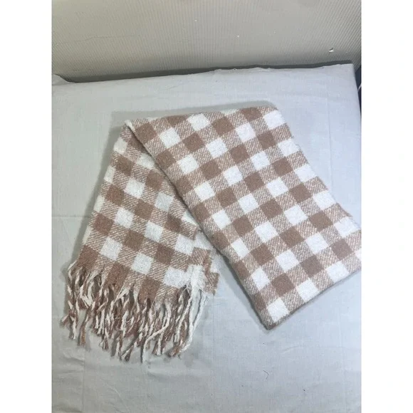 Aerie Tan White Gingham‎ Checkered Oversized Blanket Scarf with Fringe One Size