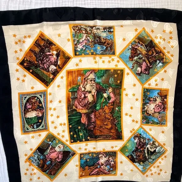 Vintage Santa Christmas Scarf Black Gold Holiday Print Square Retro