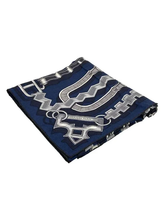 Hermes Shawl Carre 100 Blue Marine Griffonse Gray le 24 Brides Et Chaines Scarf