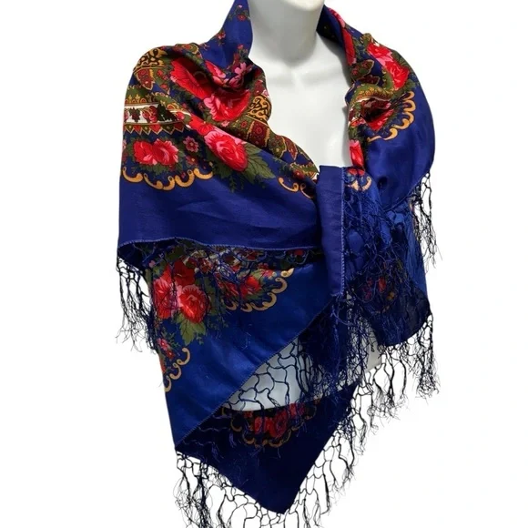 Large Boho Floral Shawl Cloak Wrap Scarf Blue Red Pink Fringe Sz 38X38” Bright