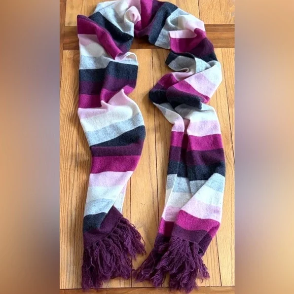 Mainbocher 100% Cashmere Scarf Burgundy Pink Gray Striped Fringe Wrap Shawl