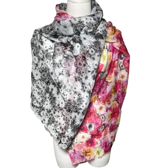 Talbots Floral Print Eyelash Fringe Scarf Black Pink Silk‎ Cotton OS