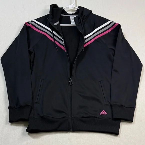 Adidas Kids Jacket in Black with Pink and White Stripes
