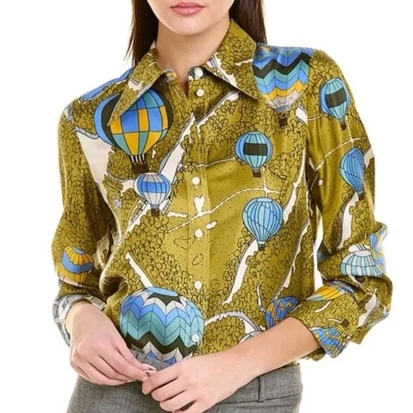 Tory Burch Green and Blue Hot Air Balloon Print Silk Twill Blouse Size 8 EUC