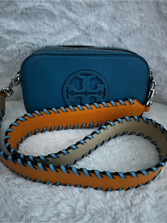 Tory Burch Miller Teal Leather Crossbody with Orange & Cream Woven Strap