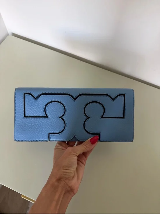 Tory Burch Sky Blue Leather Clutch with Black Logo Trim