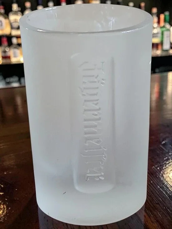 Vtg 90's - 2007 JAGERMEISTER  FROSTED SHOT GLASS 1 OZ MFG ITALY STAG CROSS LOGO