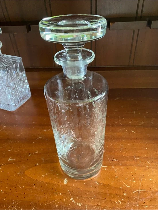 Vintage Mid-Century Hand-Blown Etched Glass Decanter with Flat-Top Disc Stopper