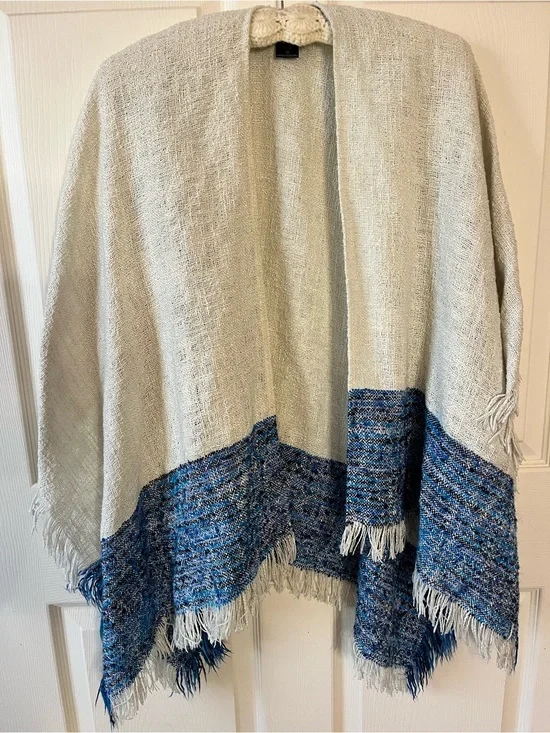 Cream and Blue Fringe Wrap Shawl