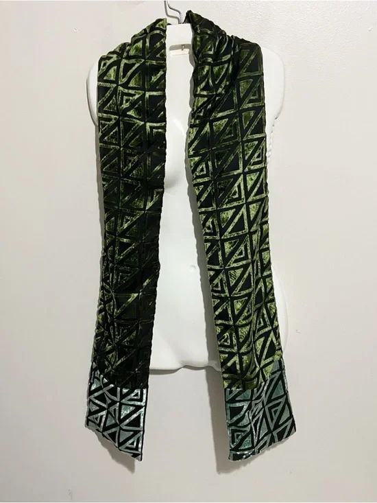 Dupatta Scarf Green Black Silk Velvet Burnout Geometric Boho Artsy