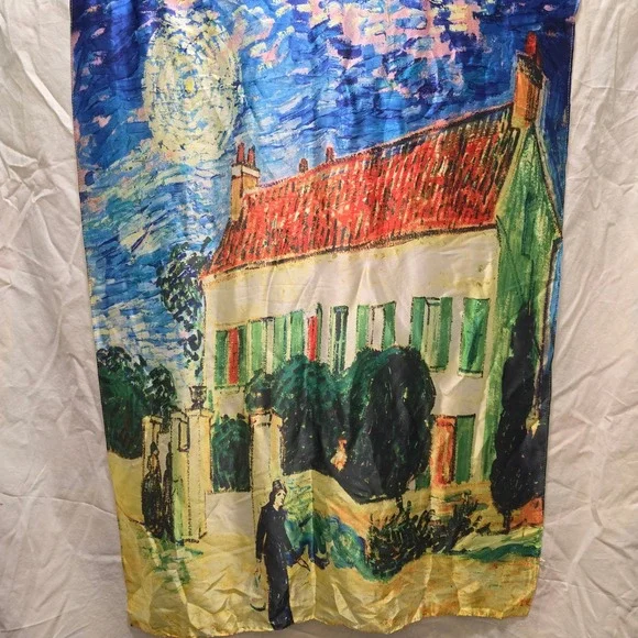 Van Gogh White House At Night Art Style Scarf Silk Blend Blue Red Green‎