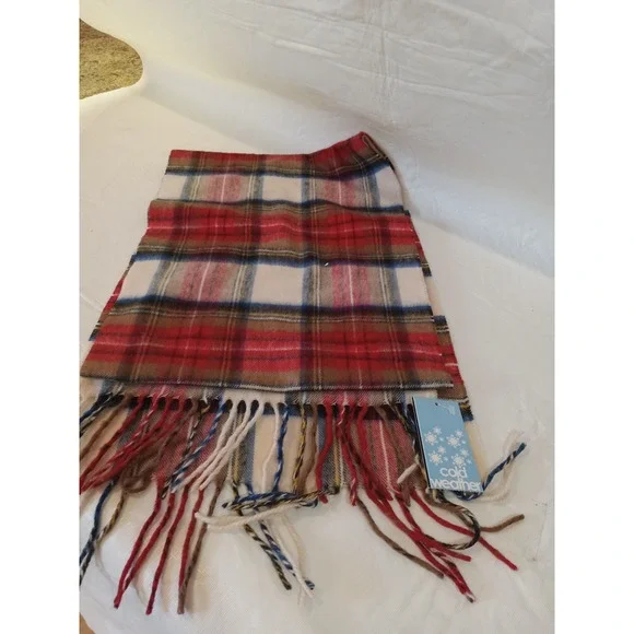 V. Fraas Cashmink Scarf Ivory Red Blue Plaid Made in Germany NWT 972441