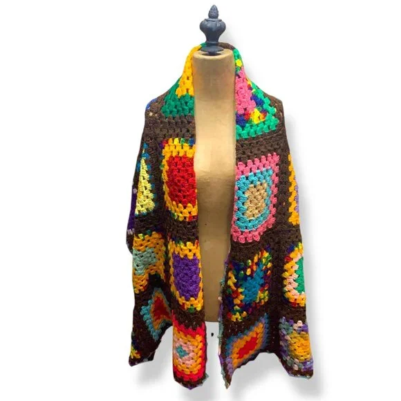 Handcrafted Colorful Crochet Granny Square Wrap Shawl Brown Base Boho Cottagecor