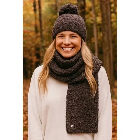 Barefoot Dreams‎ Pom Pom Beanie and Scarf Set Cozychic Espresso Cocoa NWT