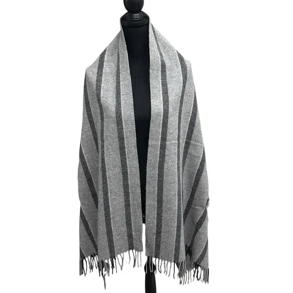Madewell Cape Scarf In‎ Vertical Stripe 100% Wool Fringe Armholes Gray SOFT