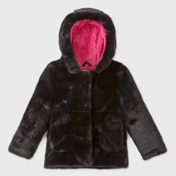 Cat & Jack Toddler Girl Faux Fur Hooded Jacket - Black and Pink 2T