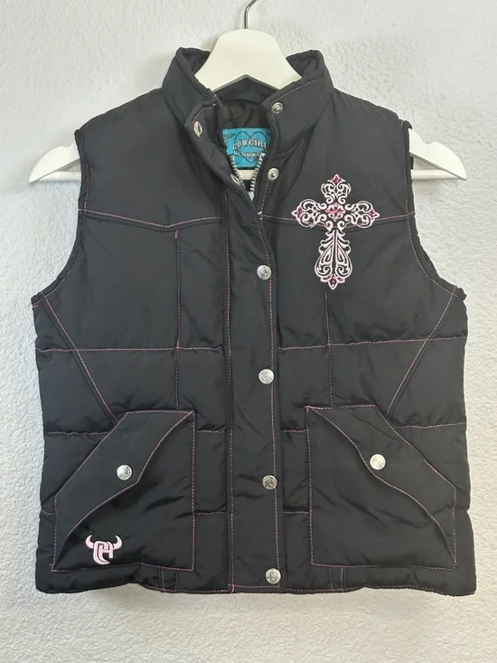 Cowgirl Hardware Black Pink Puffer Vest Full‎ Zip Snap Button Youth Girls Medium