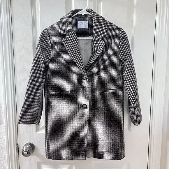 Zara Girls Two Tone Wool Blend Plaid Tweed Coat Brown Black Size 10