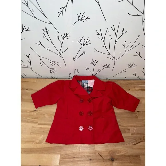 Baby Headquarters Red Double Breasted Pea Coat Plaid Lined Girls‎ 6/9 Months