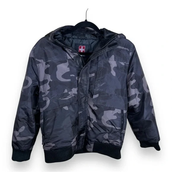 XL BOYS SWISS TECH CAMO PRINT COAT GREEN GREY LONG SLEEVE  HOODED
