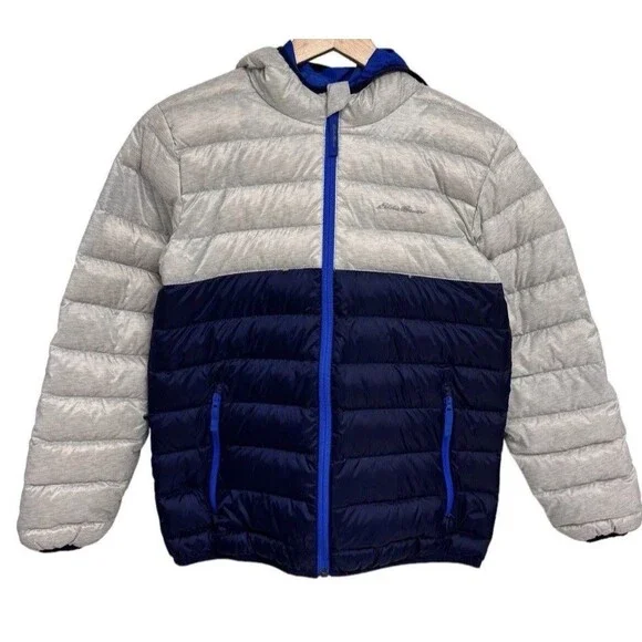 Eddie Bauer Boy's White And Navy Full Zip Hooded Puffer Coat Size M 10/12 Down j