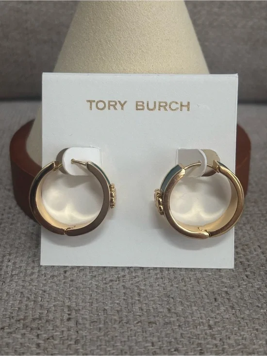 Tory Burch Green Enamel Gold-tone Hoop Huggies Earrings