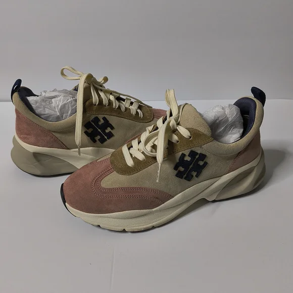 Tory Burch Good Luck Trainer Sneakers 9.5 Cream Pink Tan Suede