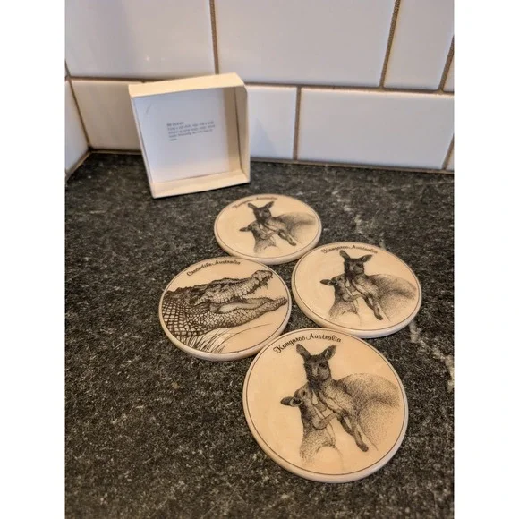 Vintage Australian Wildlife Coasters Set of 4 Kangaroo Crocodile Cork Back 4