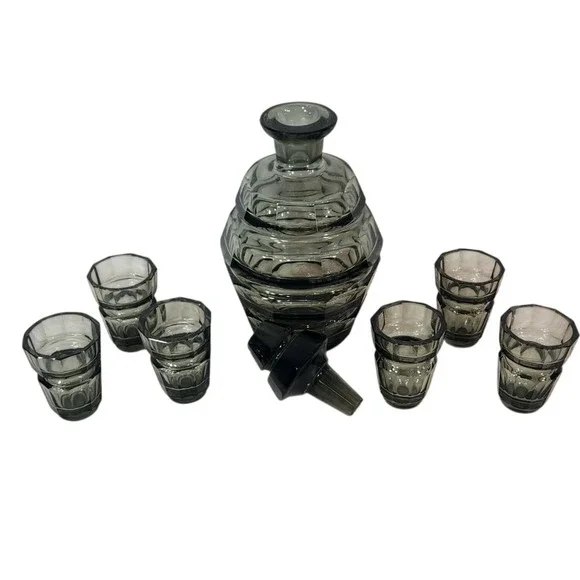 Moser Smoked Grey Decanter Stopper and Shot Glasses Set - Vintage Barware‎