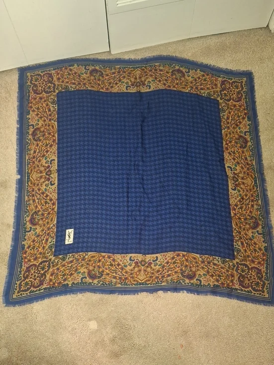 Yves Saint Laurent Blue and Yellow Paisley Silk Scarf